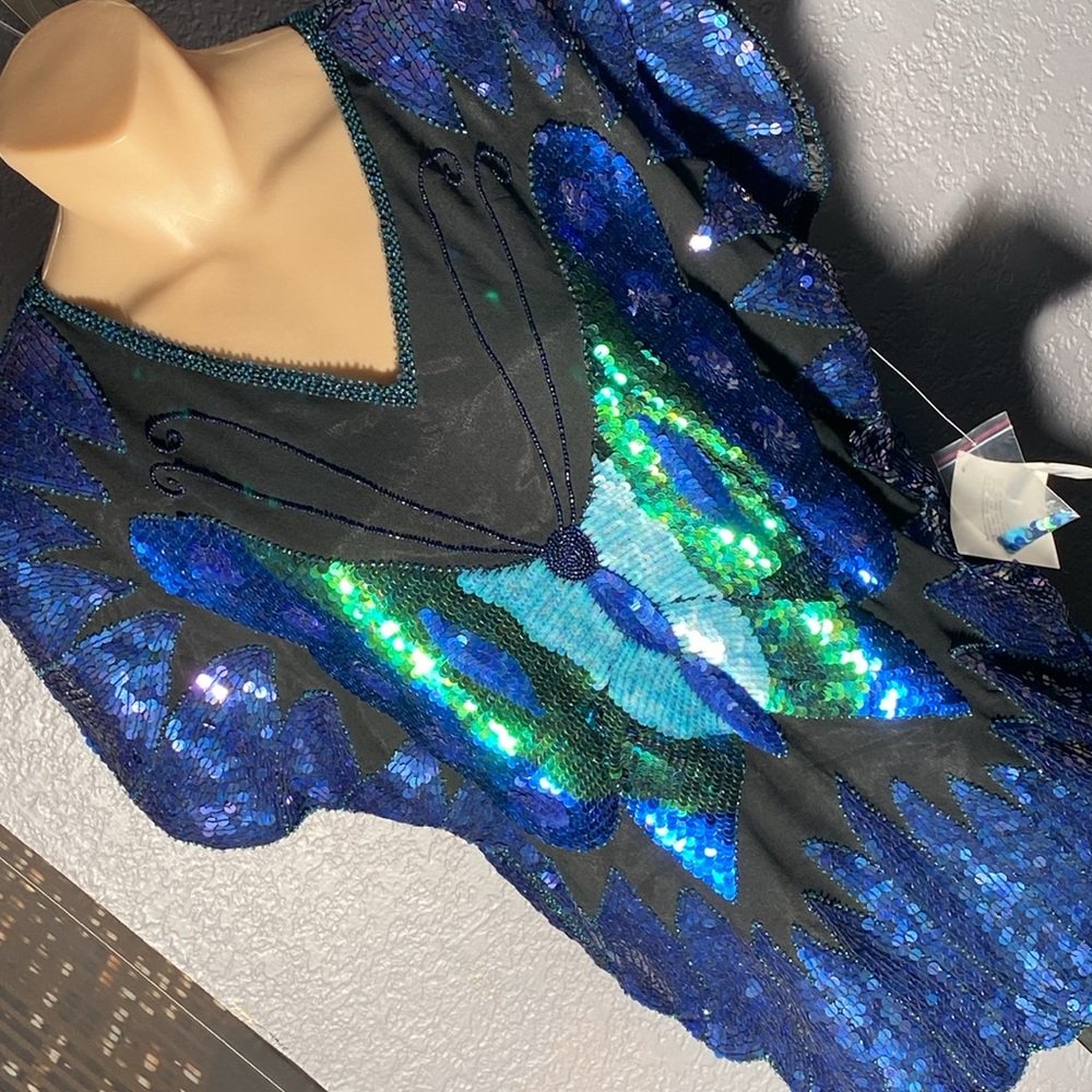 PHOOL - NWT - top: vintage black s/s sequins / butterfly, shldr pads, lining - L